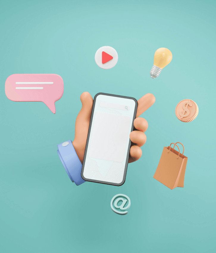 SaaS platform development concept with smartphone and icons for chat, shopping, payments, and media, representing cloud-based software-as-a-service solutions.