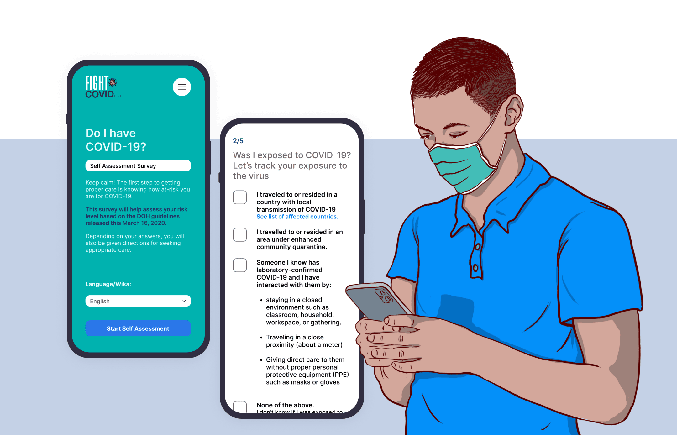 A cartoon illustration of a man wearing a facemask while filling out the FightCOVID self-assessment survey.