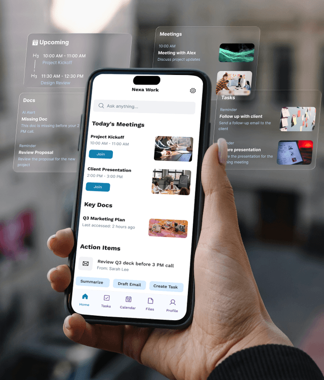 Mobile application design graphic with smartphone interface and task widgets, symbolizing modern mobile app UI/UX design and workflow optimization services.