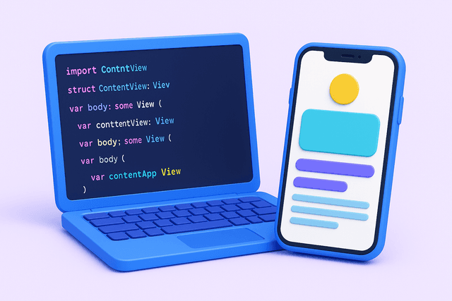 Open laptop displaying a code editor with visible lines of Swift code, flanked by an iPhone mockup showcasing an app interface on a white background.