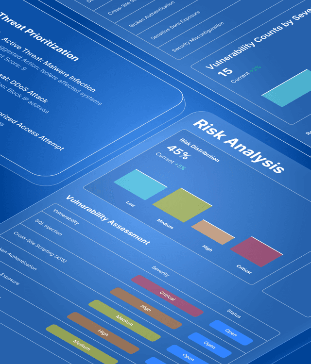 Cybersecurity risk assessment dashboard with vulnerability severity levels, threat prioritization, and remediation insights, representing security audit and risk assessment services.