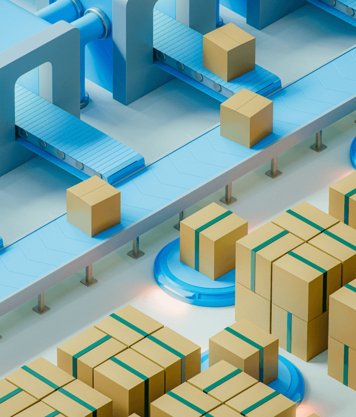 Custom CRM development illustration with automated conveyor workflow, representing customer relationship management solutions and process automation.