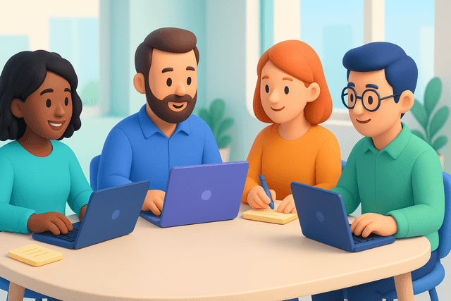 Group of four diverse professionals collaborating around a table with laptops and notepads, on a bright office background.