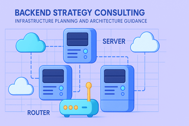 Blueprint-style diagram of server architecture with labeled components, including servers, routers, and cloud icons, representing backend strategy consulting for infrastructure planning and architecture guidance, on a light background.