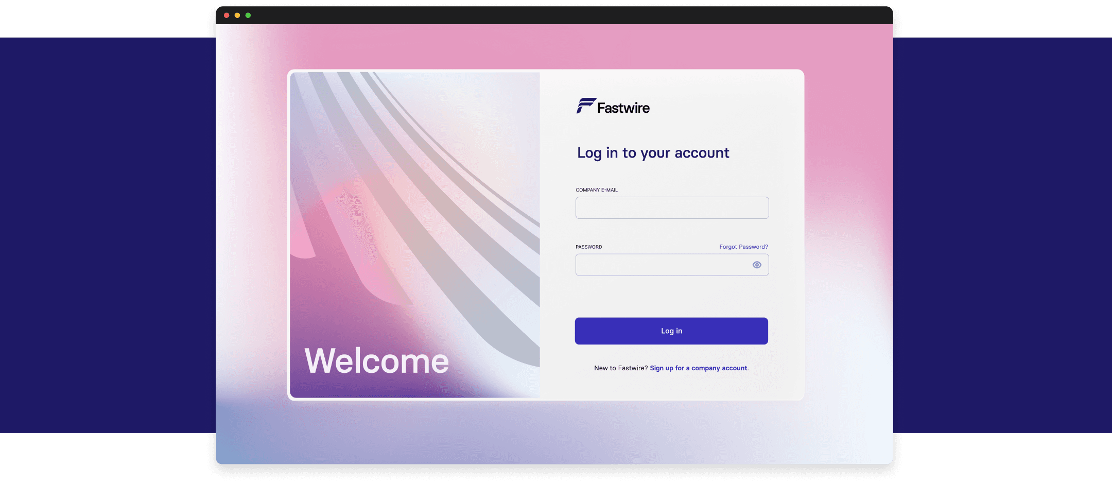 The login screen for Fastwire with a soft pink and purple colored theme with email and password inputs and the login button.