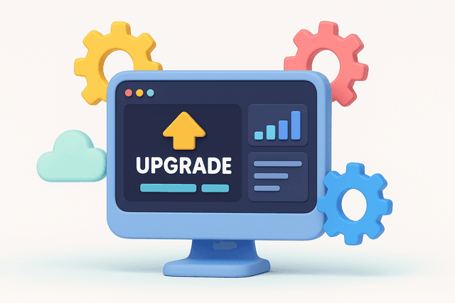 Desktop computer displaying a software interface with upgraded features, surrounded by three colorful gears and a cloud icon on a white background.