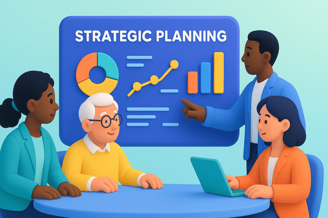 Group of diverse business professionals gathered around a table, analyzing a large digital screen displaying strategic planning charts and graphs.