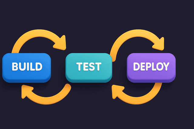 CI/CD pipeline diagram with interconnected stages labeled 'Build', 'Test', and 'Deploy', on a dark background with arrows indicating flow.