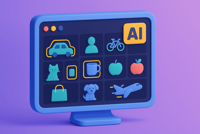 Computer screen displaying a grid of images being analyzed by a specialized AI algorithm, with highlighted bounding boxes around key objects on a dark background.