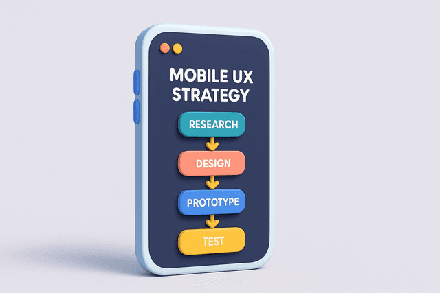 Mobile device displaying a flowchart of user experience strategies with labeled stages, on a light gray background.