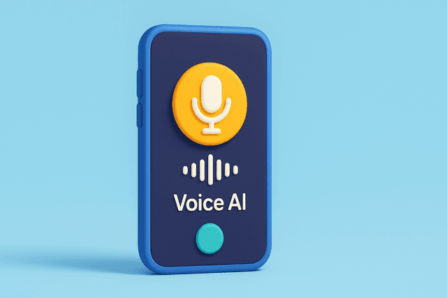 Smartphone displaying a voice AI interface with a speech recognition icon, representing phone-based customer service automation, on a light blue background.
