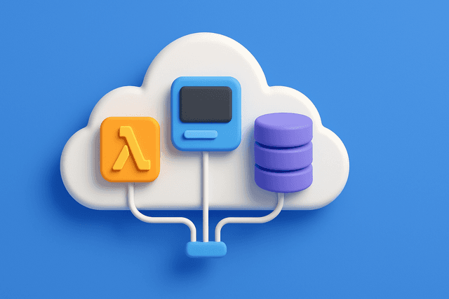 Cloud icon with a serverless architecture diagram, featuring components like functions and databases, on a blue background.
