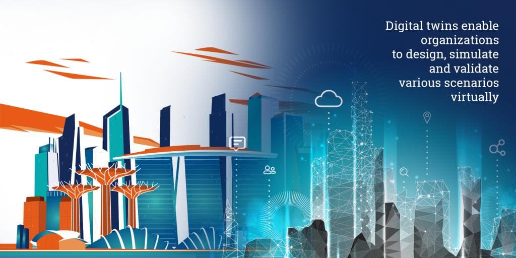 Illustration of a smart city with digital twin simulations, showing how knowledge graphs enable organizations to design, simulate, and validate scenarios virtually.
