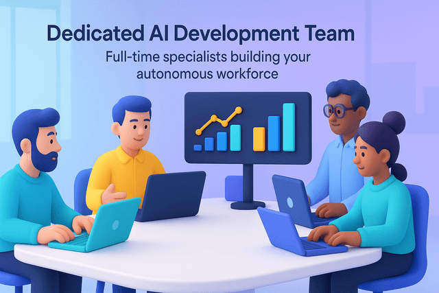 Five specialists collaborating around a large table with laptops and digital screens displaying charts, on a modern office background.