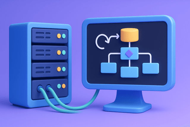 Server racks with glowing indicators connected by cables, displaying a flowchart of machine learning processes on a screen, against a dark background.