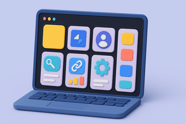 Open laptop displaying a grid of design components with various icons and color swatches, on a light gray background.