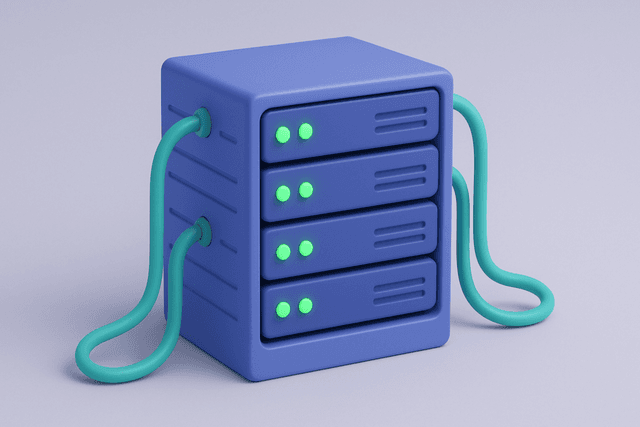 Server rack with multiple stacked servers, displaying green status lights, with cable connections running along the sides, set against a gray data center background.