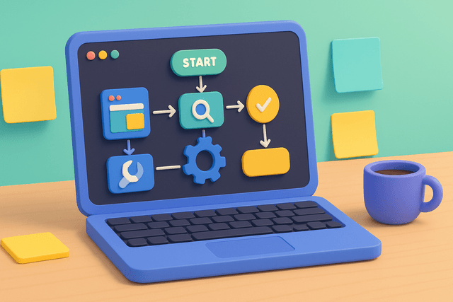 Laptop displaying a flowchart with multiple steps and icons, surrounded by sticky notes and a coffee cup on a wooden desk.