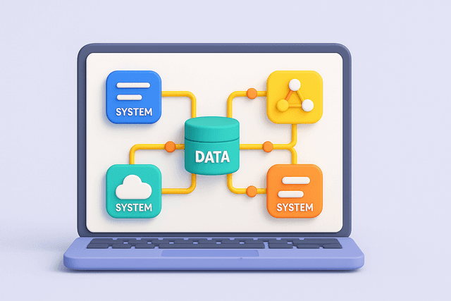 Open laptop displaying a flowchart with interconnected systems and data nodes, on a light gray background.
