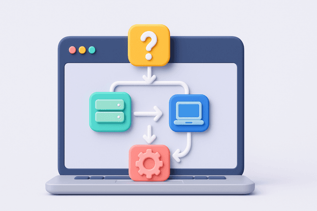 Laptop displaying a decision-making flowchart with distinct icons representing technology options, symbolizing focused consulting for specific technology decisions and implementations, on a light gray background.