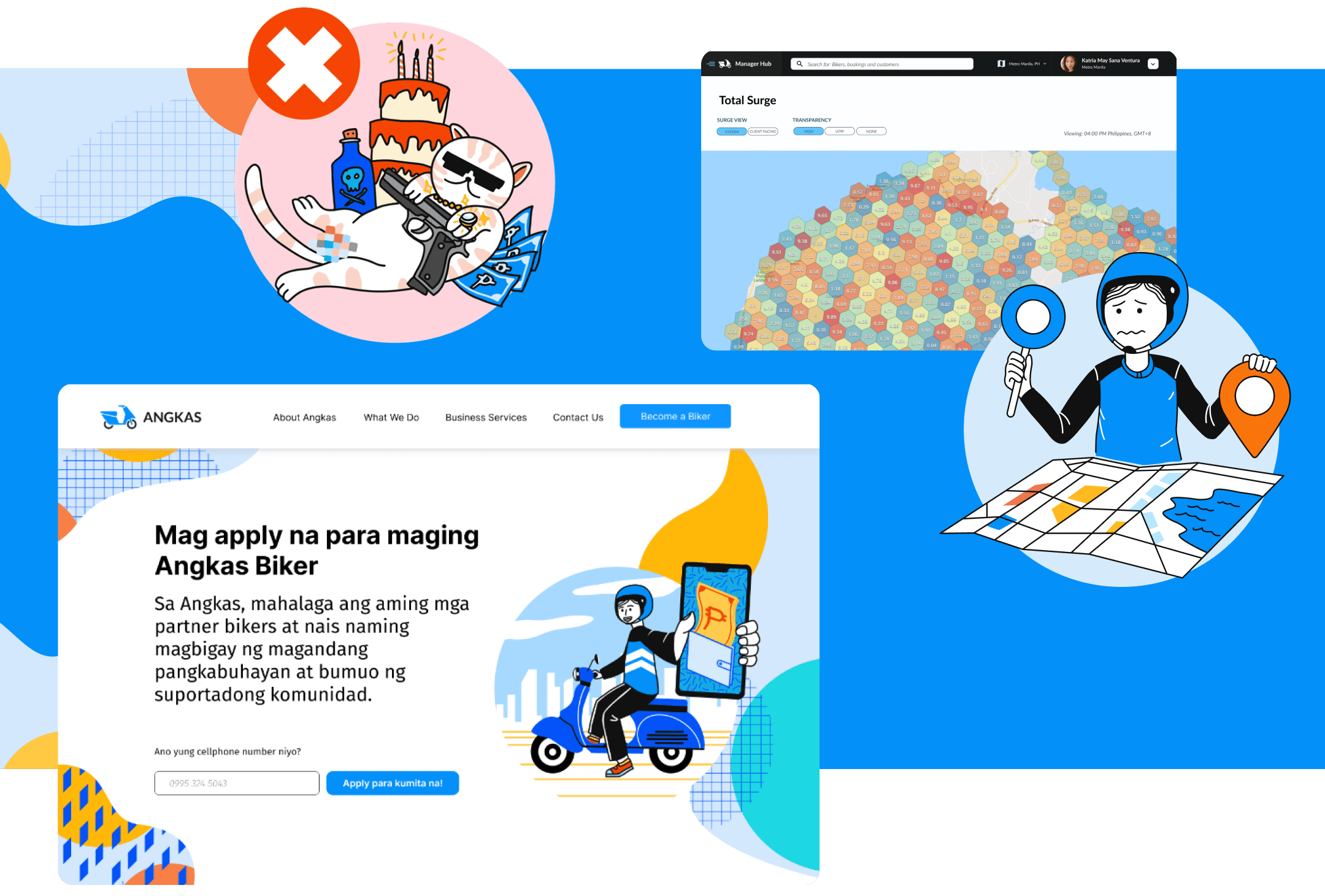 Screens showing the Angkas driver registration page, manager's surge view, and cartoon illustrations of banned items to bring