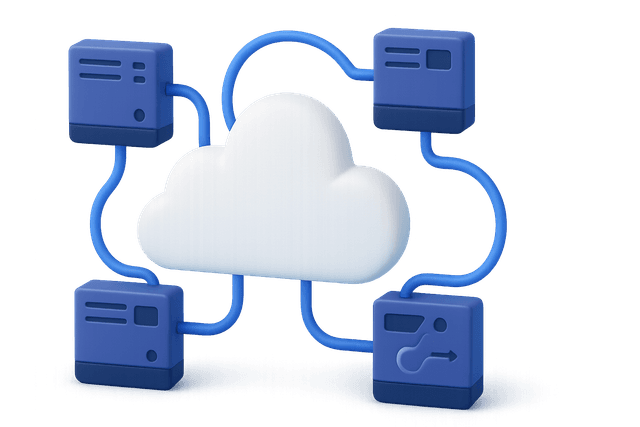 Cloud icon surrounded by interconnected server silhouettes, illustrating a shift from traditional servers to a serverless architecture on a light blue background.