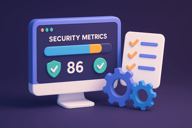 Computer screen displaying a progress bar and security metrics, with a checklist and two overlapping gears on a dark background.