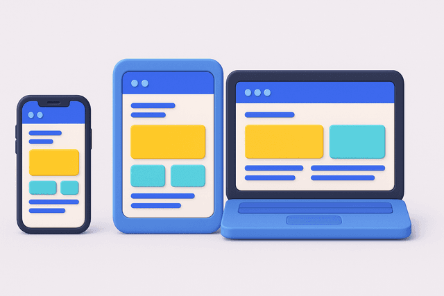 Three devices including a smartphone, tablet, and laptop displaying the same responsive website layout with adjustable elements on a light gray background.