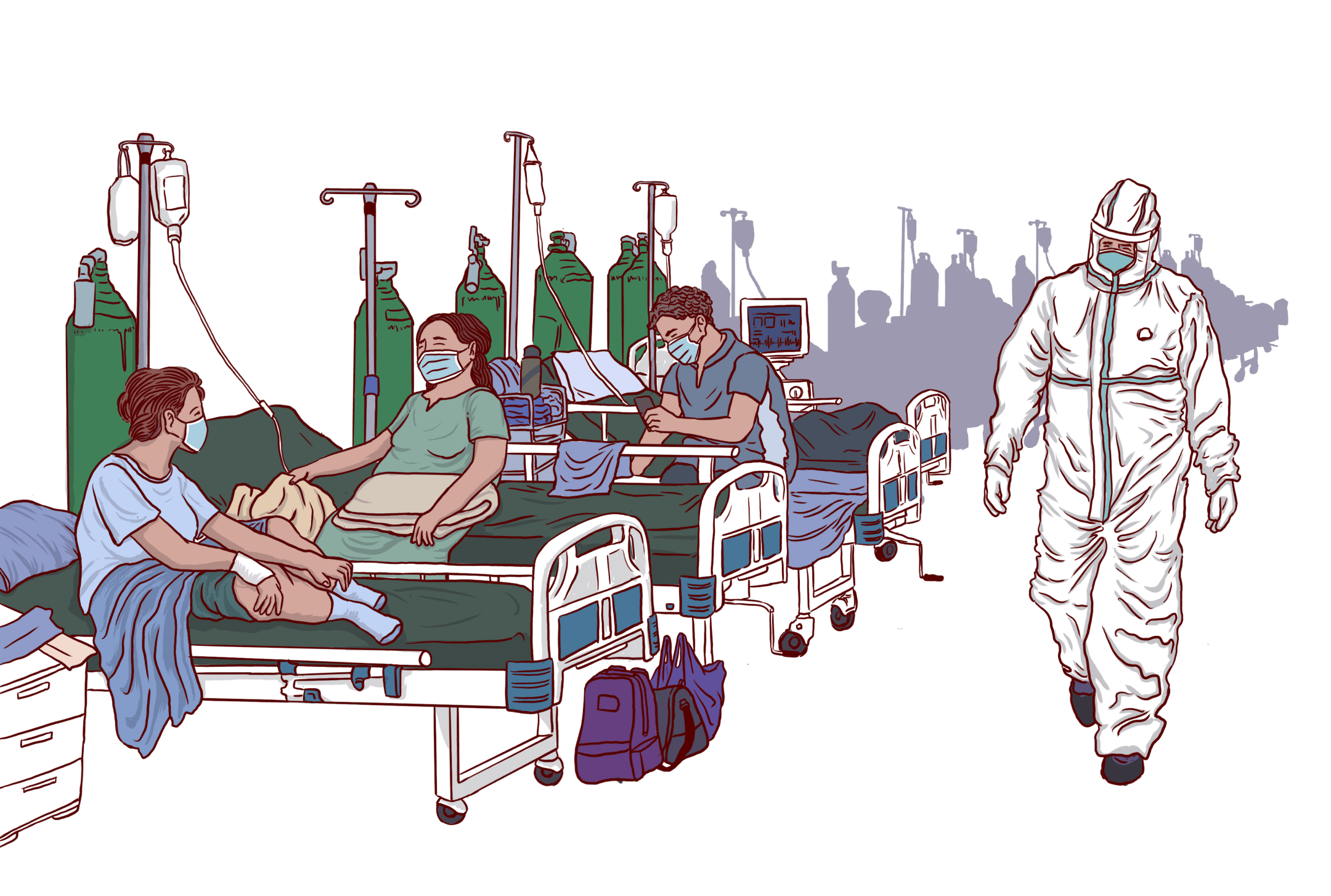 A cartoon illustration of a doctor in personal protective equipment walking along a row of sick people in hospital beds.