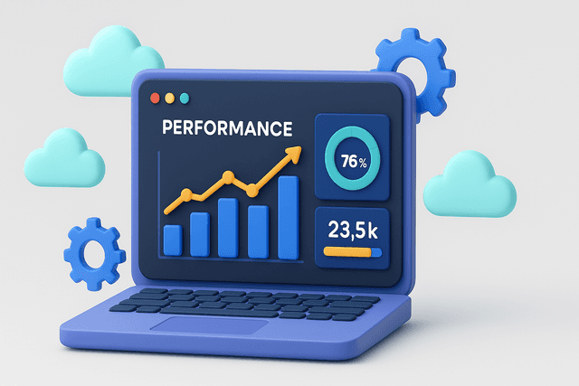 Open laptop displaying a performance dashboard with rising graphs and metrics, surrounded by cloud icons and gear symbols on a light gray background.