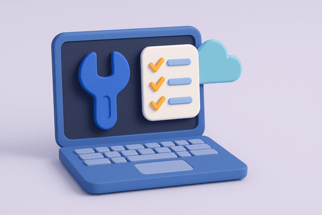 Open laptop displaying a wrench icon on the screen, alongside a checklist of tasks and a cloud symbol on a light gray background.