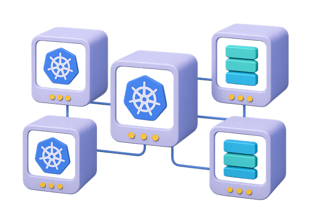 Cluster of five server icons connected by lines, displaying Kubernetes logos and application containers on a dark background.