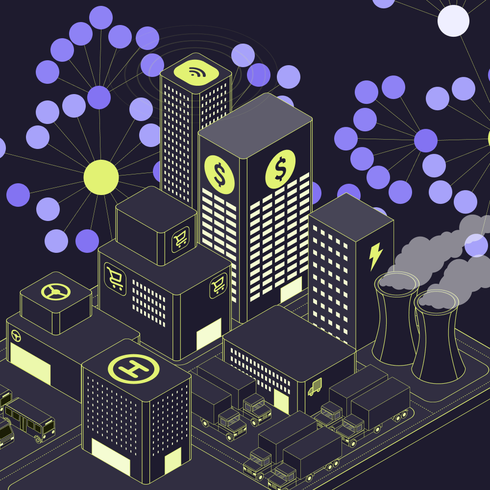 Futuristic illustration of industries including finance, retail, logistics, etc.