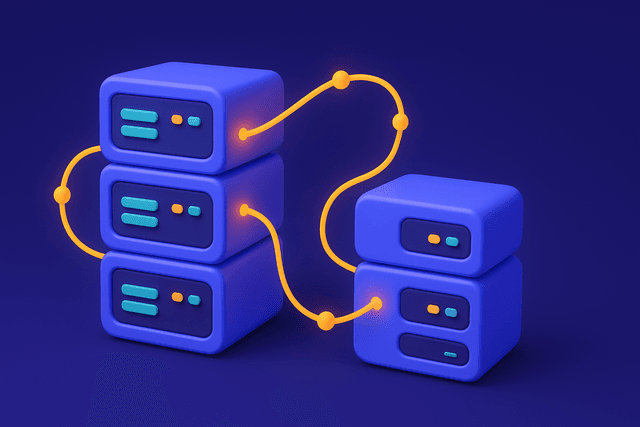 Server racks with glowing connections and data flows between them, set against a dark blue background.