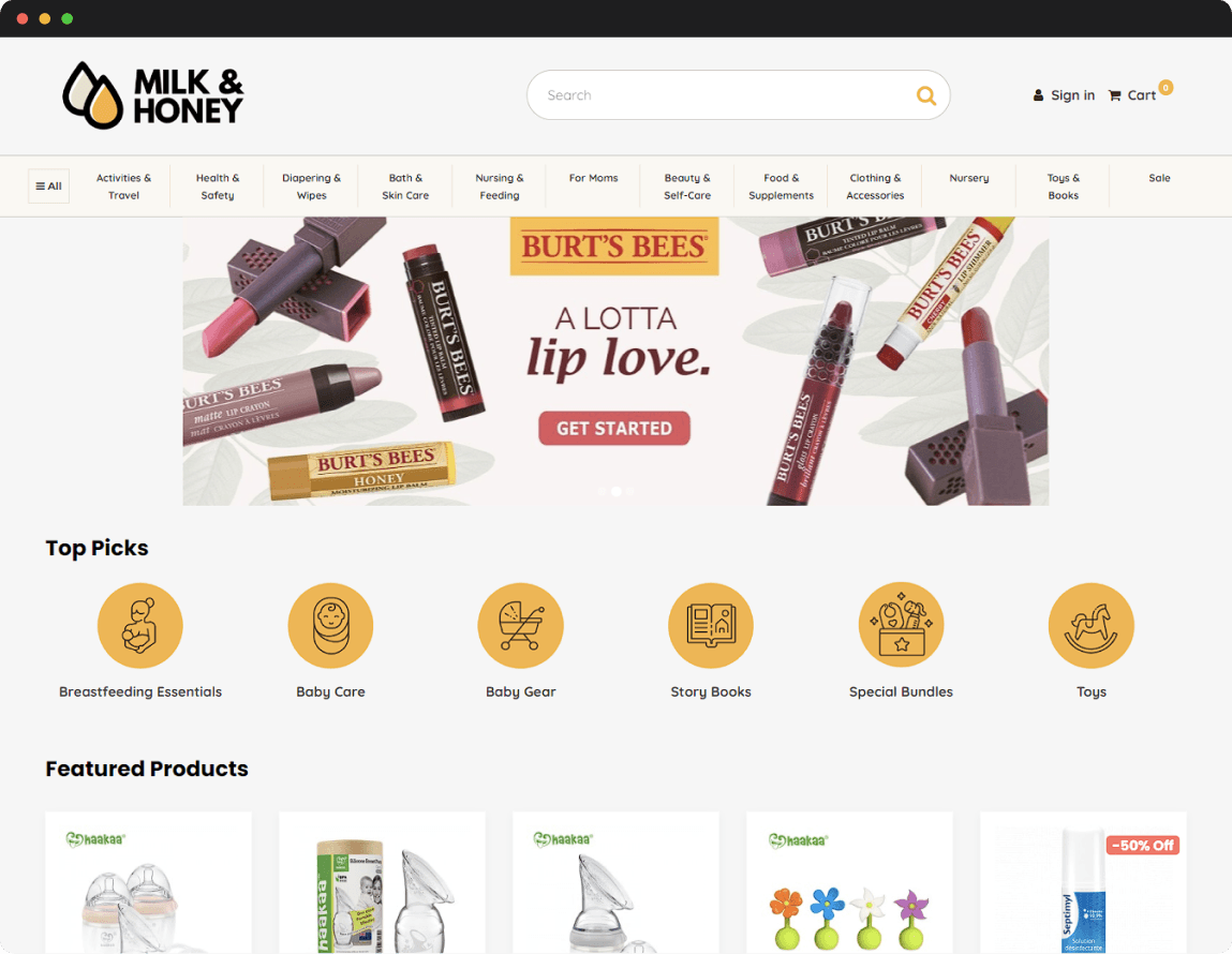 The Milk & Honey store website homepage with a search bar, featured lipstick items, categories list, and products list.