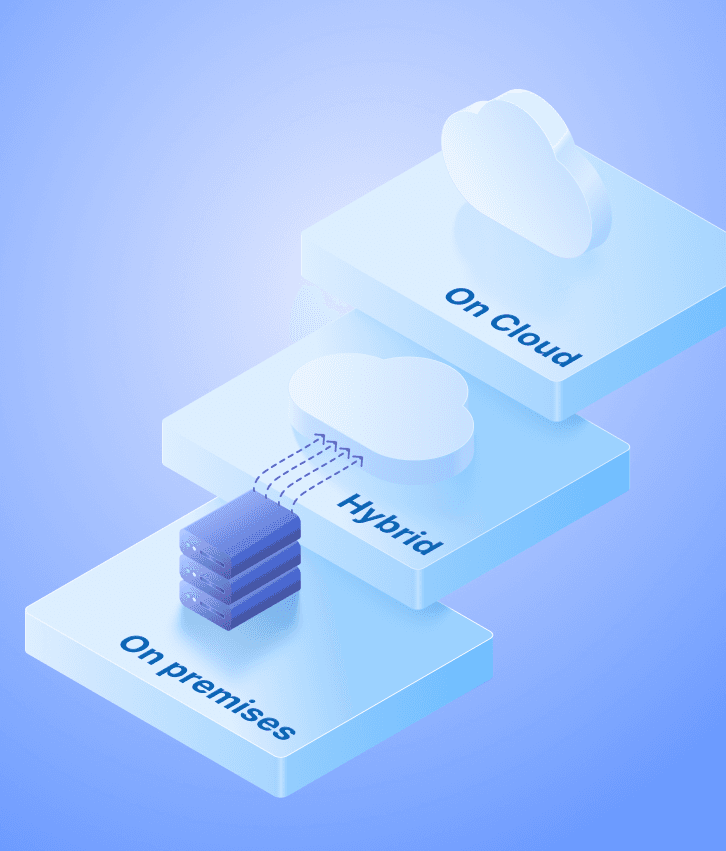 Cloud migration illustration showing transition from on-premises servers to hybrid cloud and fully cloud infrastructure environments.