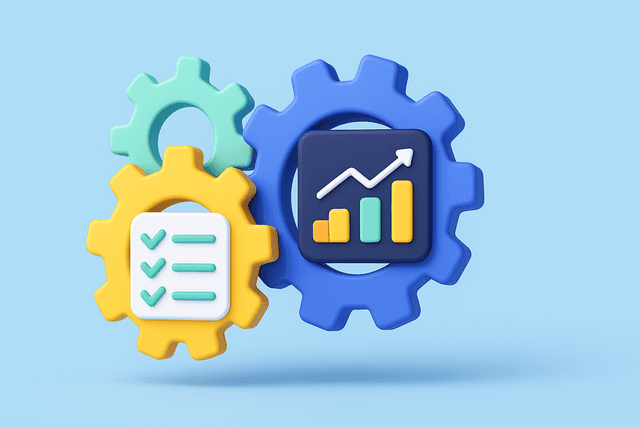 Three interconnected gears with a chart and checklist icon, placed on a light blue background.