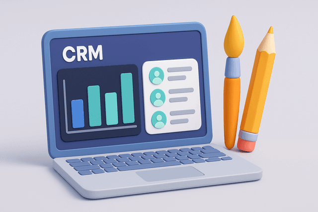 Laptop displaying an enhanced CRM interface with custom widgets, including a bar chart and contact list, representing improved functionality and seamless integration, on a light gray background. For improvement: I think we can add like pencil or paint brush to indicate customizability of the system. Also, it is very similar to the image above.