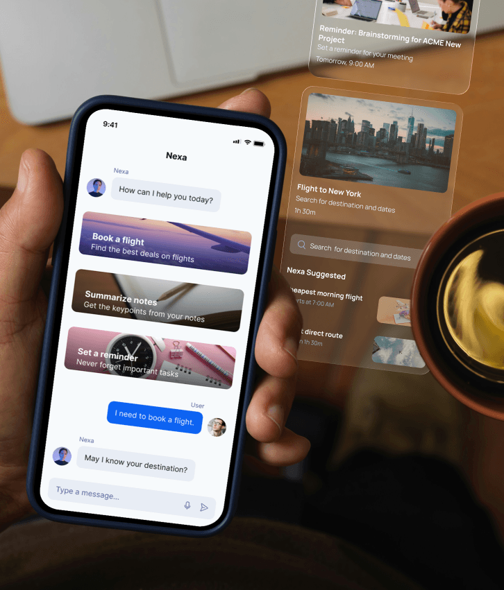 iOS app development illustration with iPhone displaying AI assistant for chat, booking, and productivity, representing custom iOS mobile app development services.