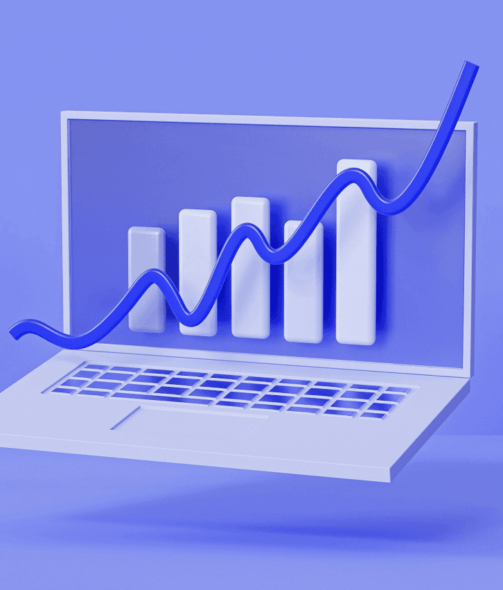 Enterprise software development illustration with laptop and rising bar chart, symbolizing custom business application development and digital transformation solutions.