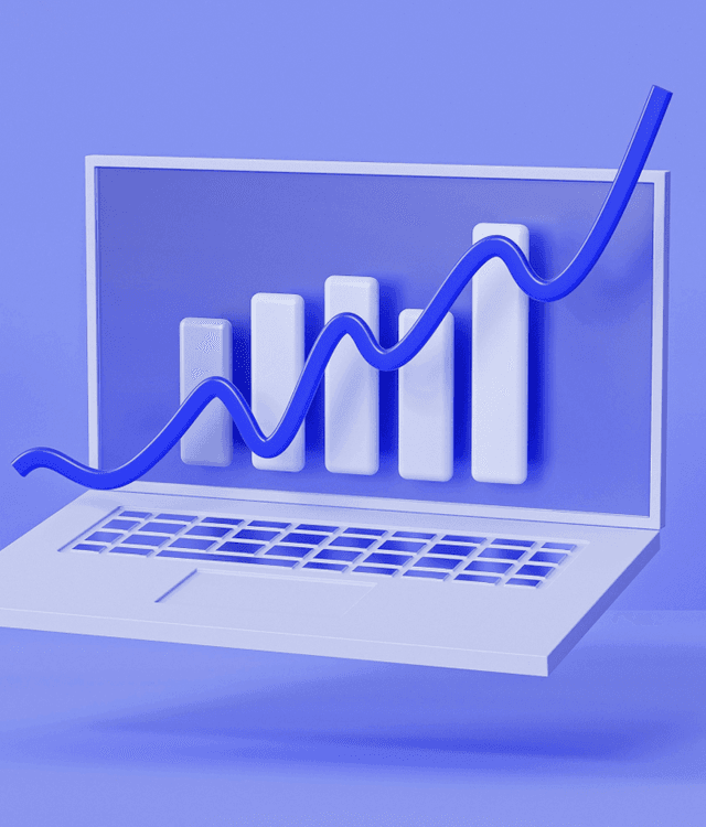 Enterprise software development illustration with laptop and rising bar chart, symbolizing custom business application development and digital transformation solutions.