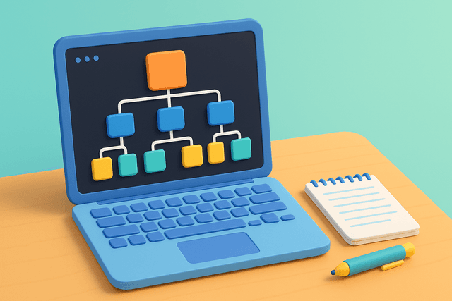 Open laptop displaying a network architecture diagram with nodes and connections, placed on a wooden desk with a notepad and pen.