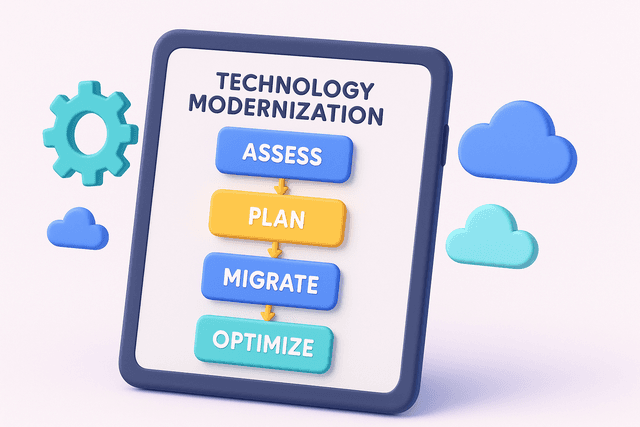 Tablet displaying a flowchart of technology modernization steps, surrounded by icons of gears and cloud services on a light background.