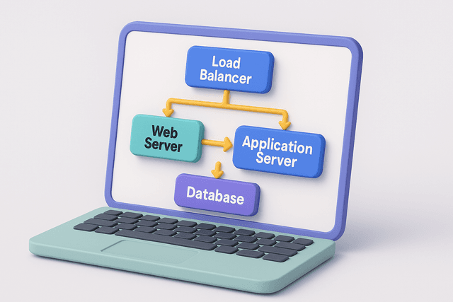 Open laptop displaying a flowchart of software architecture components, with interconnected boxes and arrows, on a light gray background.