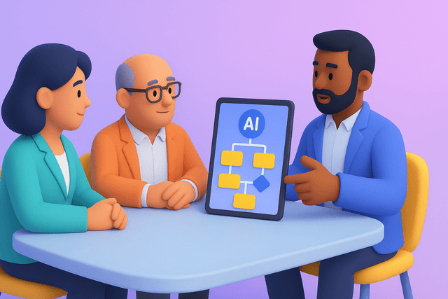 Group of three business professionals discussing AI strategy around a conference table, with a digital tablet showing a flowchart on a light background.