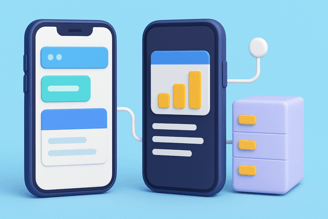 Two smartphones displaying mobile-optimized backend interfaces, with a connected server icon on a light blue background.