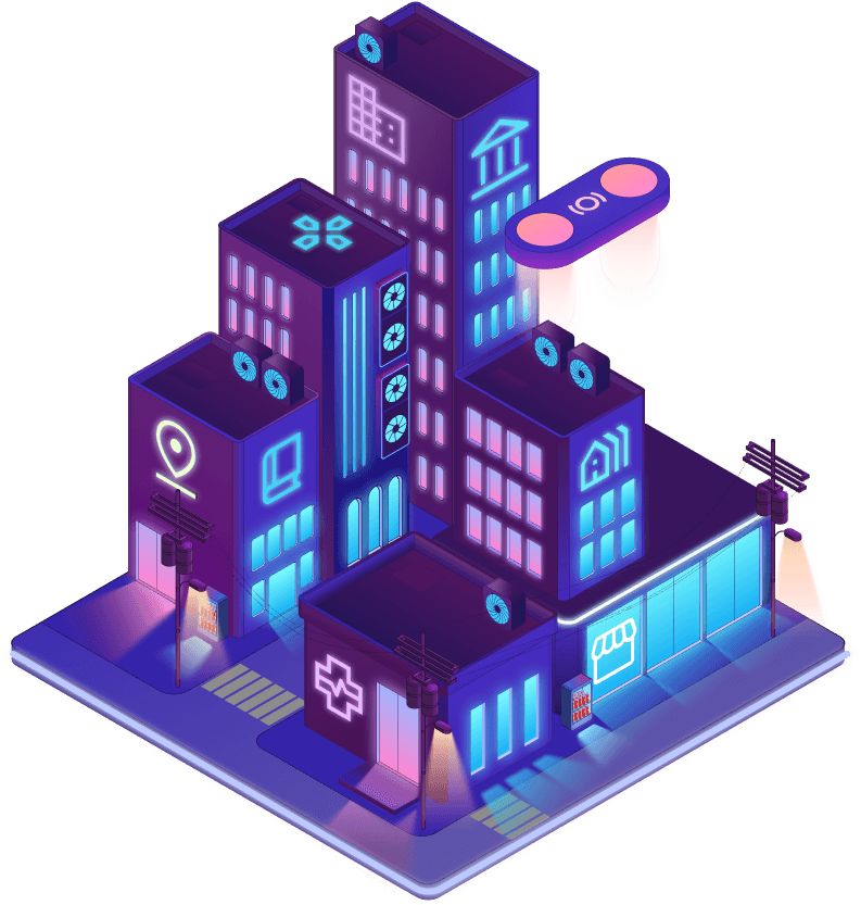 Cyberpunk style buildings with neon lights with icons of various industries