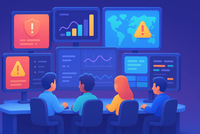 Control room with multiple monitors displaying security alerts, graphs, and maps, featuring four analysts seated at desks in a dimly lit environment.