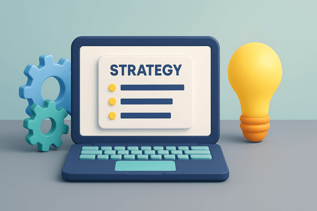 Open laptop displaying a strategy document with bullet points, surrounded by gears and a light bulb on a gray table.