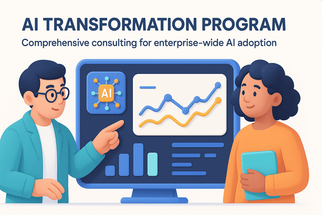 Two consultants analyzing a digital dashboard displaying AI metrics, with graphs and trend lines against a white background.